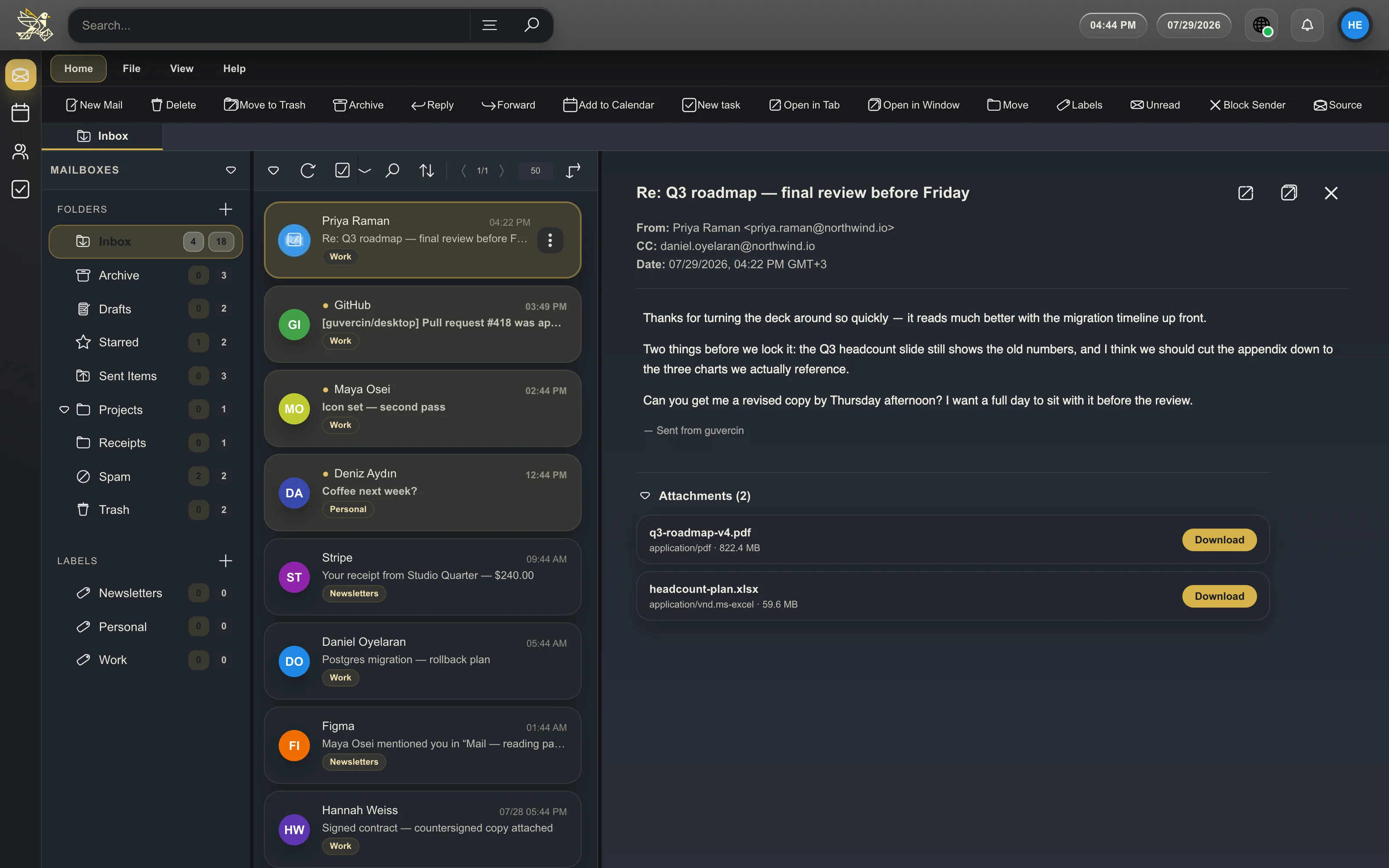 the guvercin mail view: a folder tree on the left, a message list in the middle and the open message on the right