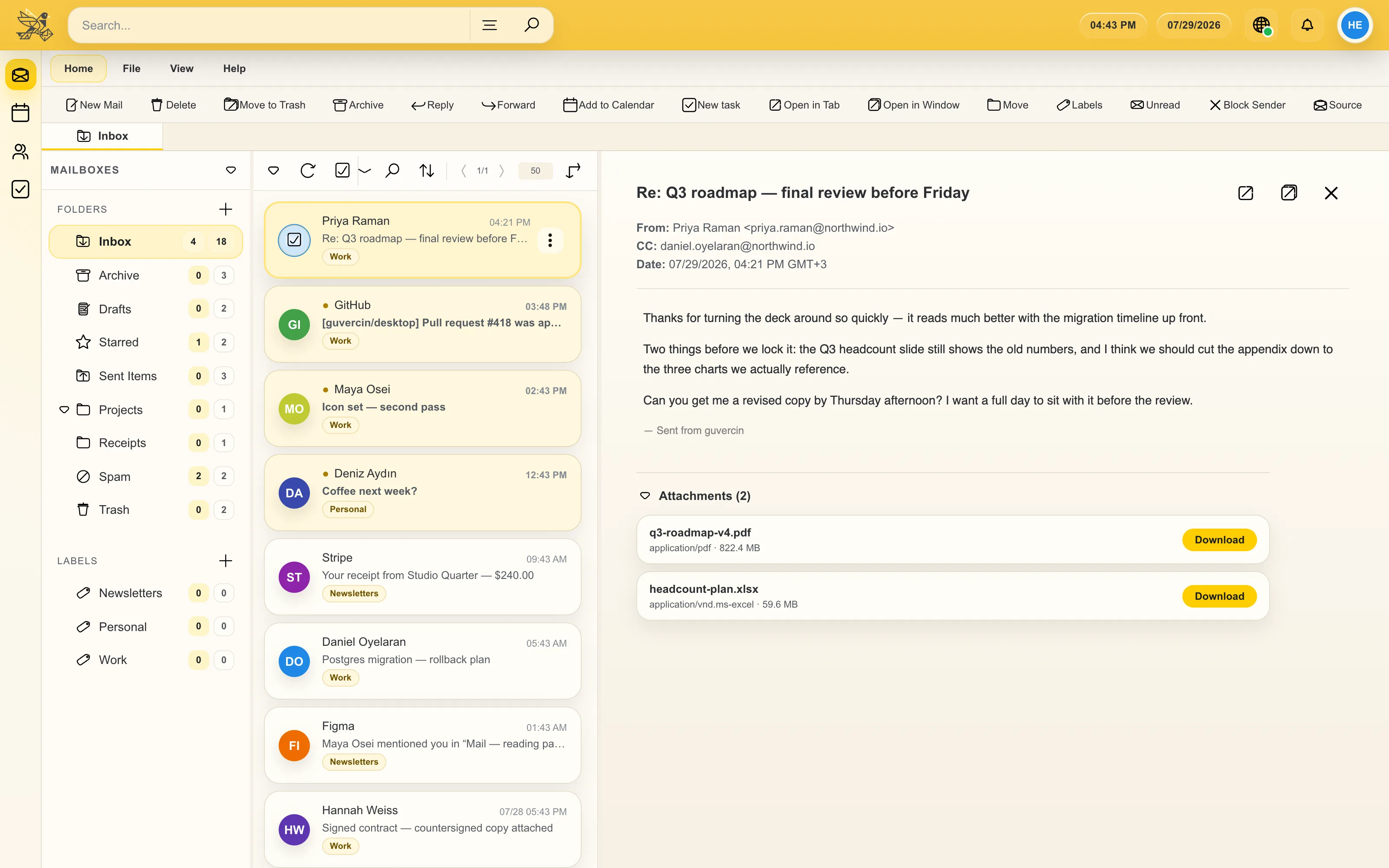 the guvercin mail view: a folder tree on the left, a message list in the middle and the open message on the right